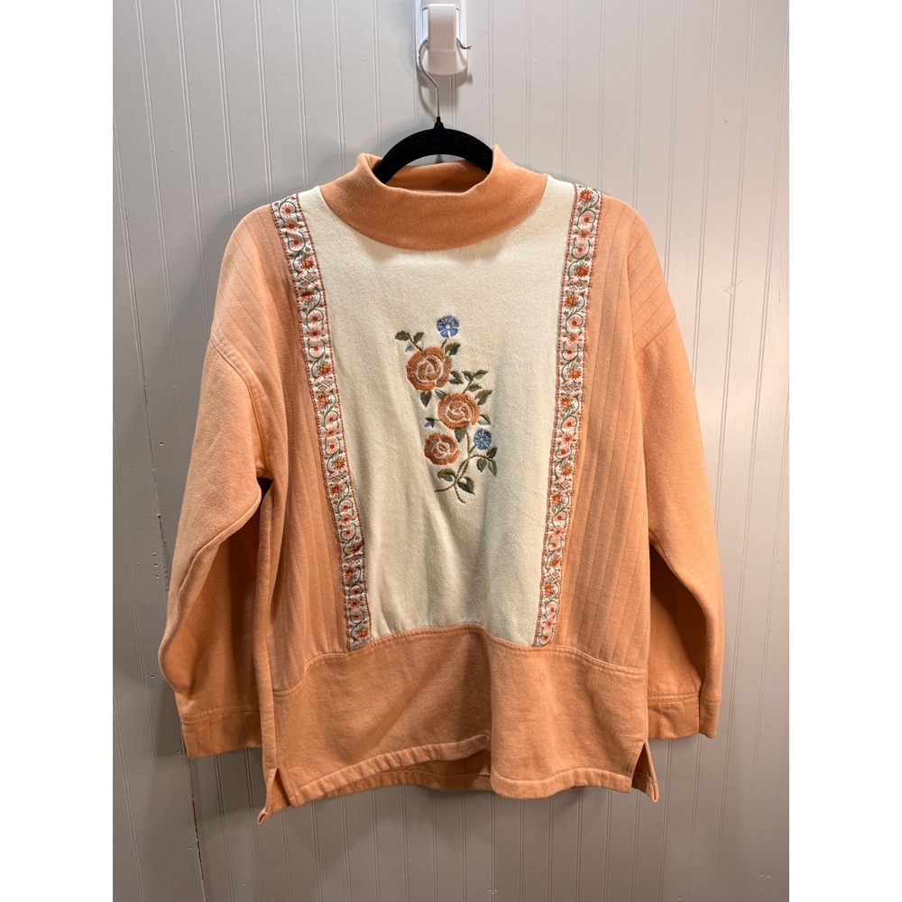 East West Vintage Floral Embroidered Mock Neck Sweatshirt Peach Cream Womens M